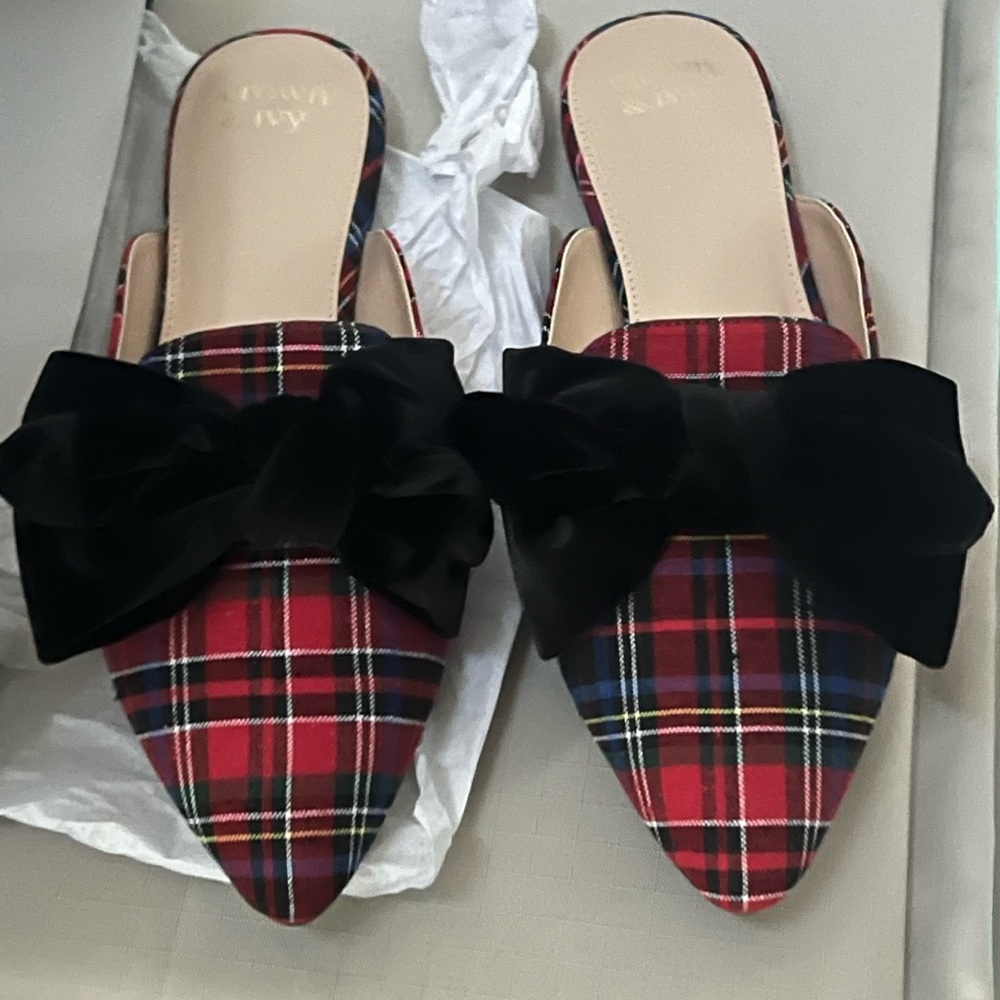 Plaid Slip-On Mules with Bow by Crown & Ivy